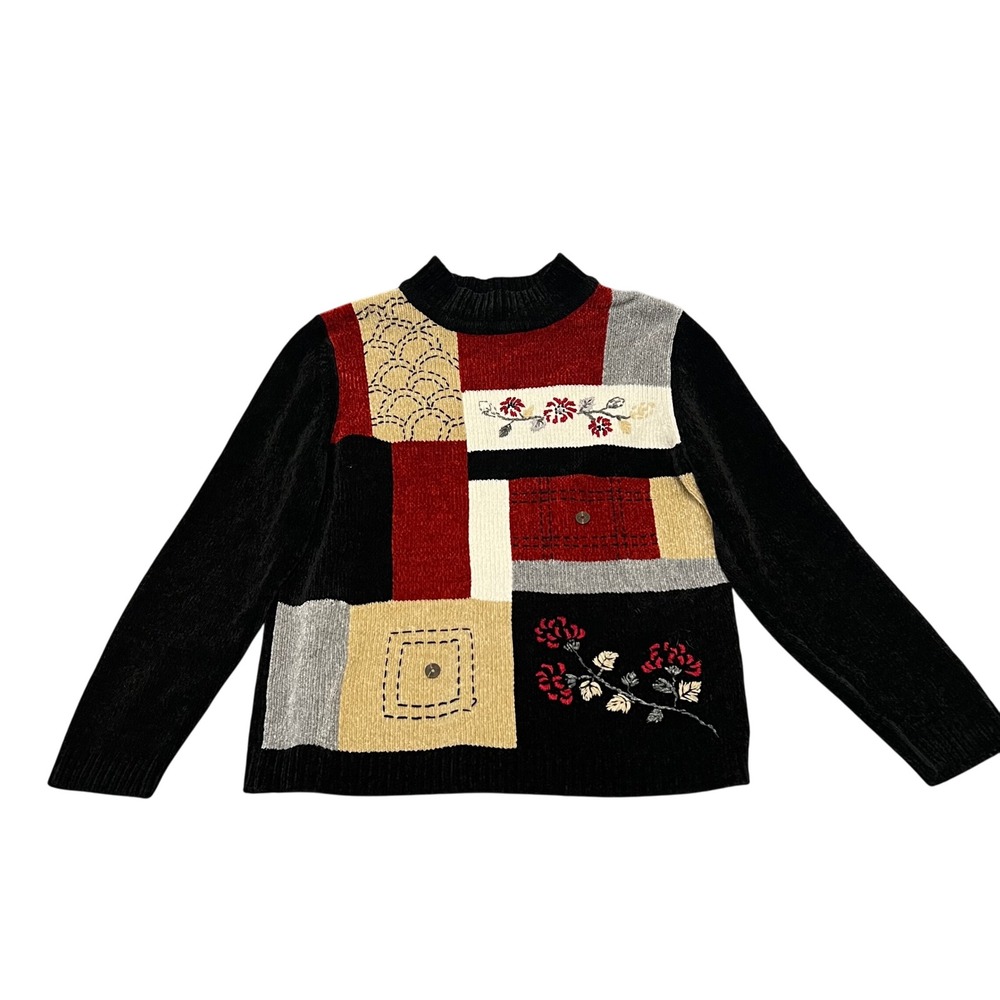Alfred Dunner Mock Neck Patchwork Floral Chenille Sweater Womens Petite Large